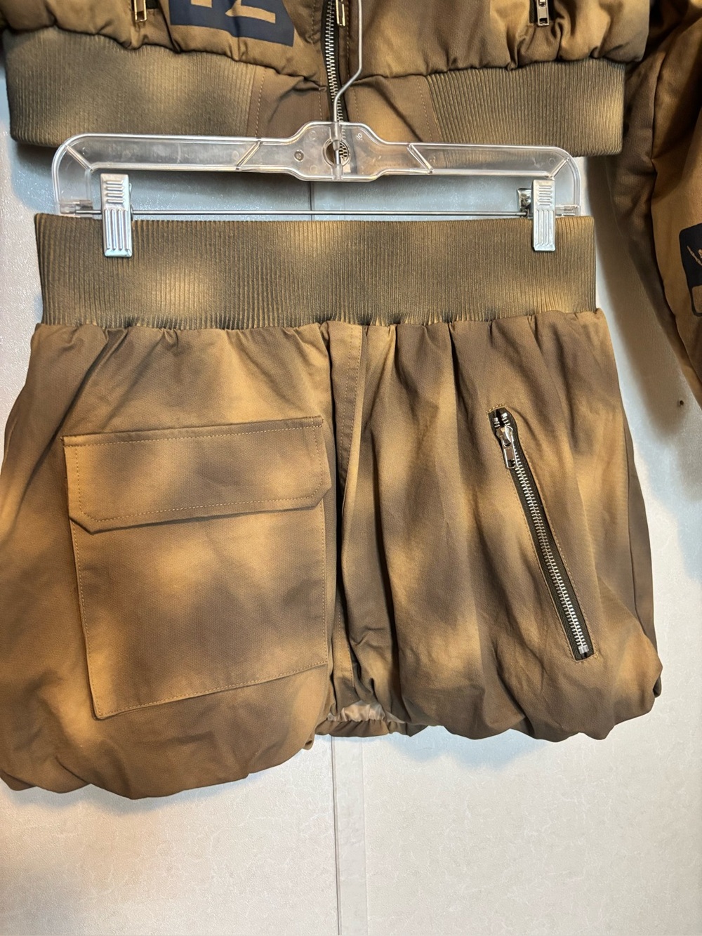 Fashion Nova | Brown Graphic Puffer Jacket and Skirt Set | Size Large - Picture 2 of 7